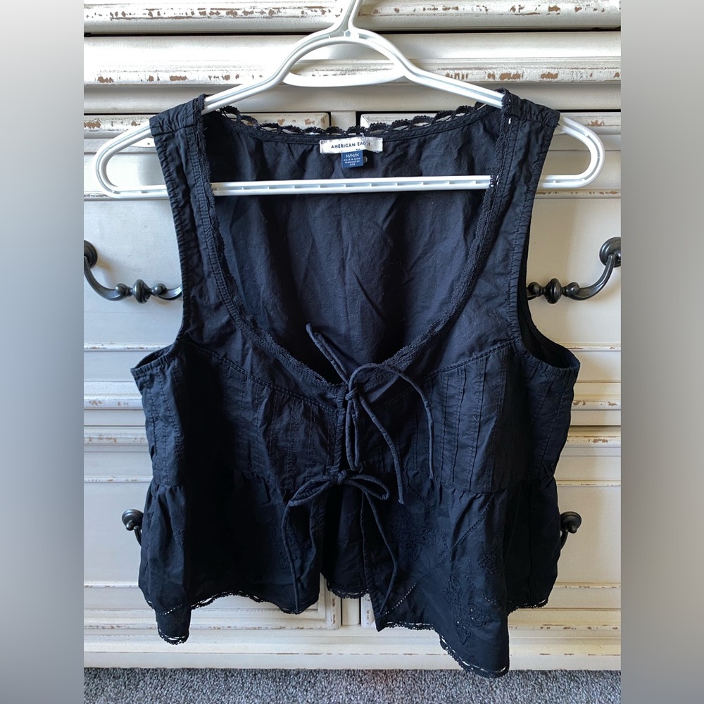 American Eagle Outfitters Black Lace-Up Peplum Tank Top with Ties (M)